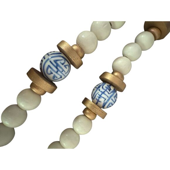20" Ivory Cream Beaded Necklace Blue Asian Inspired Beads with - Picture 4 of 6